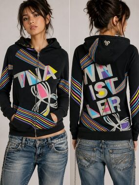 TNA Aritzia Full Zip Hoodie Black Rainbow Graphic Y2K Zip Up  Women's Small